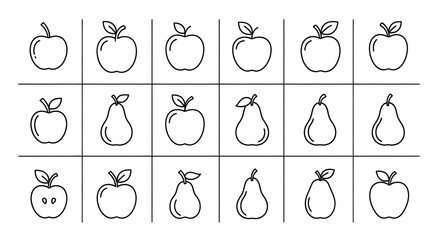Minimalist Fruit Icons: Apple and Pear Outline Grid.