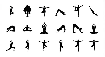 Yoga Poses Silhouettes Collection: A Variety of Meditative and Exercise Positions.