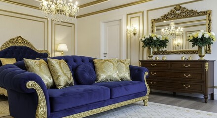 Luxurious Royal Blue Velvet Sofa with Gilded Details in an Elegant Baroque Style Room, Featuring an Ornate Gold Mirror, Chandelier, and Decorative Wall Paneling
