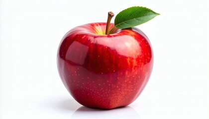 Vibrant Red Apple with Fresh Green Leaf on Clean White Background