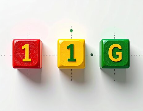 Colorful Blocks Spelling 11G on White Background, Red, Yellow, Green Cubes