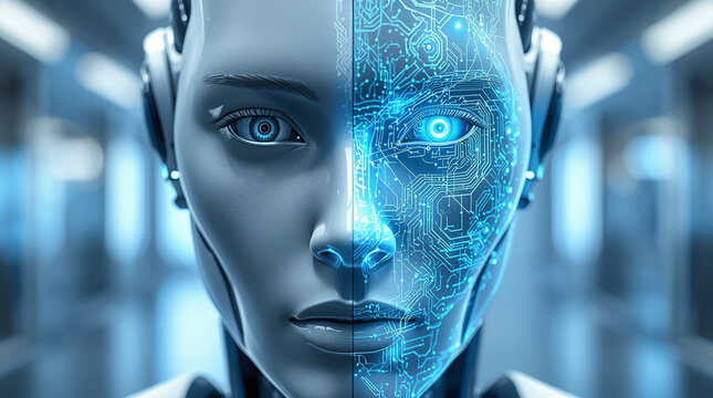 Close-up of a humanoid robot with half of its face showing circuitry.