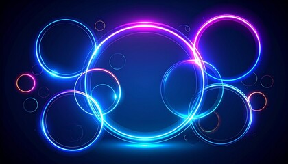 Abstract neon circles with blue and pink glowing outlines on a dark blue background.