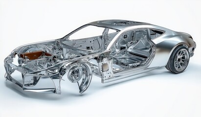 Shiny metallic car frame with detailed exposed internal structure and open doors showing chassis and mechanical components on a white background