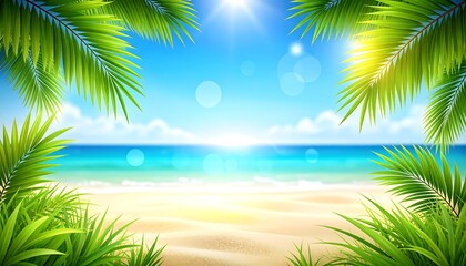 Lush tropical foliage frames a vibrant beach scene with turquoise waters and a sandy shore, bathed in the warm glow of sunlight.