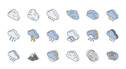Isometric Weather Icons Collection Representing Diverse Meteorological Phenomena.