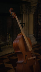 Wooden Double Bass In Vintage Interior
