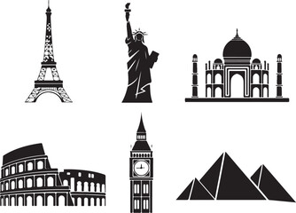 Obraz premium Iconic world landmarks travel collage black silhouette
