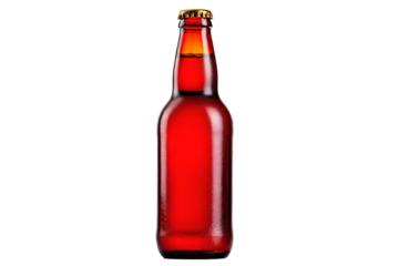 a red beer bottle with a gold cap