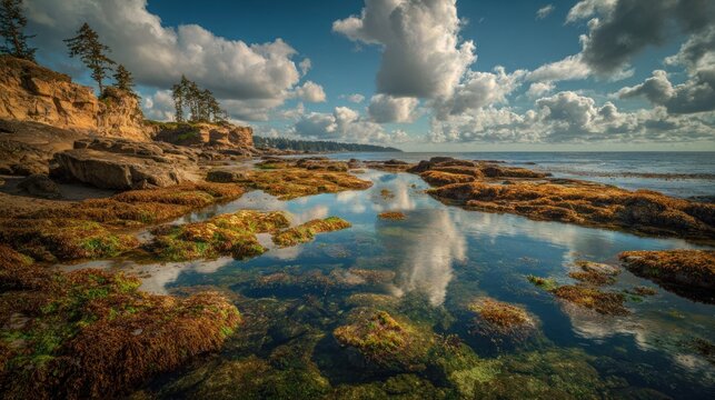 A picturesque coastal scene with tide pools reflecting the sky, showcasing the natural beauty of the rocky shoreline