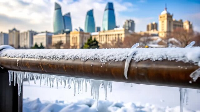Icicles on a Metal Railing in Baku, Azerbaijan