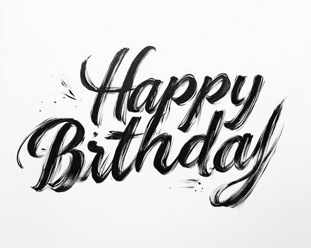 Black brushstroke calligraphy of the words happy birthday on a white background conveying celebratory emotion