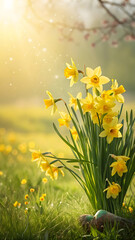 Vibrant yellow daffodils blooming in a sun-kissed meadow with a soft, golden light and sparkling bokeh, evoking a serene spring morning.