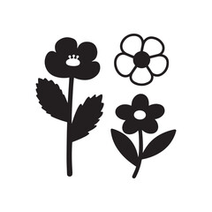  Black Flat design flower silhouettes on white Background.