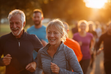 Active senior group jogging outdoors at sunrise