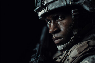 Close-up of soldier in tactical gear in shadow