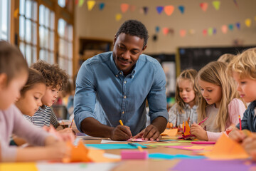 Smiling teacher helping diverse children in classroom