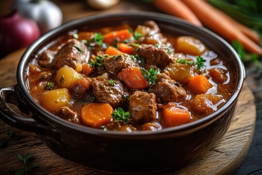 Hearty beef stew with chunks of carrot, potato, and herbs served in a rustic brown bowl on wooden surface, evoking warmth and comfort