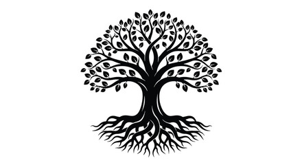 Black and white illustration of a stylized tree with strong roots and leafy branches, symbolic vector design representing growth and life.