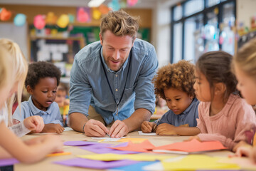 Smiling teacher helping diverse children in classroom