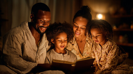 Family reading Bible together before bed