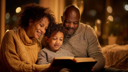 Family reading Bible together before bed
