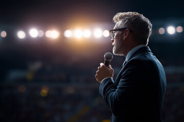 Businessman giving keynote speech at conference