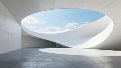 Fototapeta premium Modern architectural interior with a large oval skylight revealing a bright blue sky and clouds