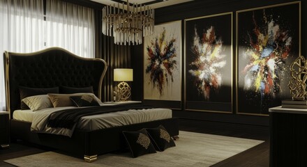 Luxurious and opulent dark bedroom interior featuring a tufted velvet bed, gold accents, modern glass chandelier, and vibrant abstract art, exuding sophisticated elegance.
