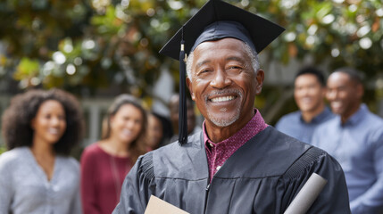 Graduation ceremony celebration outdoor smiles joyful moment with friends and family proud graduate wearing cap and gown holding diploma certificate in hand