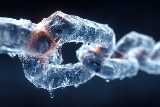 Frozen chain link, close-up, melting ice
