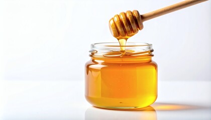 Glistening Golden Honey Drips from a Wooden Dipper into a Clear Glass Jar on a Clean White Background.