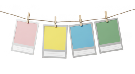 Color photos hanging on the string on transparent background