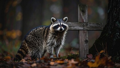 Raccoon Standing by Wooden Cross Grave Marker in Autumn Forest at Twilight with Falling Leaves Dark Background
