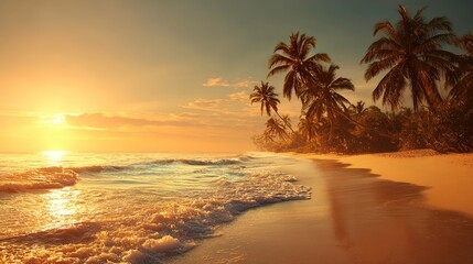 Tropical Beach Sunset with Palm Trees and Ocean Waves