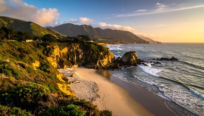 Golden hour illuminates a dramatic coastal scene, showcasing a secluded beach nestled between cliffs and a vast ocean.