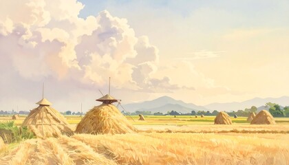 A serene landscape painting showcases a golden field with haystacks under a pastel sky, evoking a peaceful harvest scene.