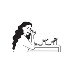 Black and white line art of a beautiful woman doing makeup at dressing table with mirror illustration