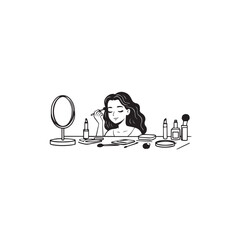 Black and white line art of a beautiful woman doing makeup at dressing table with mirror illustration