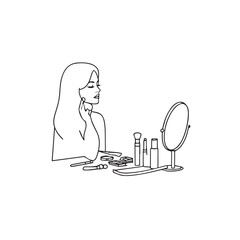 Black and white line art of a beautiful woman doing makeup at dressing table with mirror illustration