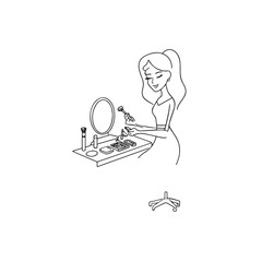 Black and white line art of a beautiful woman doing makeup at dressing table with mirror illustration