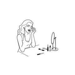 Black and white line art of a beautiful woman doing makeup at dressing table with mirror illustration