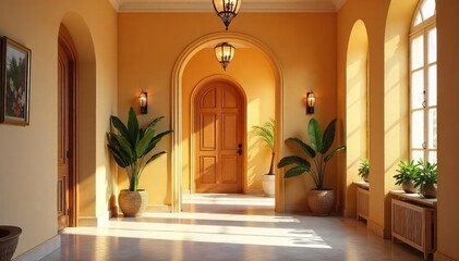 A brightly lit, warmly colored entryway with open doors and inviting decor suggests a welcoming atmosphere Perfect for hospitality, home, and real estate marketing , bright, hallway, friendly