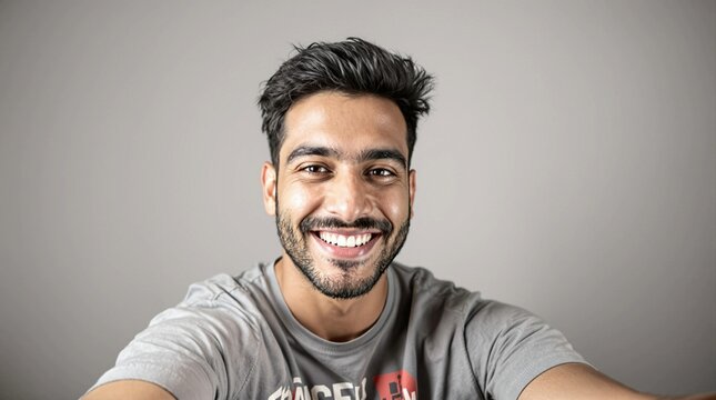 Young arab guy smiling taking a selfie portrait looking at camera with happy expression. 