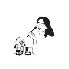 Black and white line art of a beautiful woman doing makeup at dressing table with mirror illustration