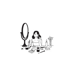 Black and white line art of a beautiful woman doing makeup at dressing table with mirror illustration