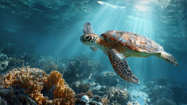 Sea turtle swimming in the ocean with sun rays shining through the water, creating a beautiful underwater scene