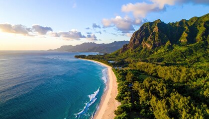 Fototapeta premium Aerial View of Lush Green Mountains and Sandy Beach