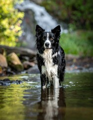 Dog in a stream by a waterfall