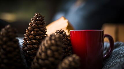 Close-up cinematic red cup hot drink pine cones warm blanket festive cozy tones photographed with 24mm f1.4 lens natural light